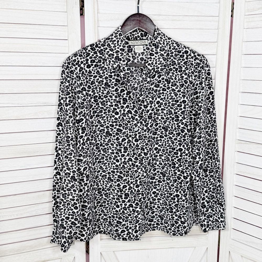 Notations Leopard Print Button Up Blouse White Bl… - image 7